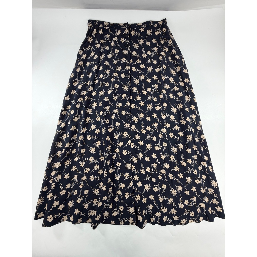 Jones New York Vintage 90s Silk Floral Button Front Maxi Skirt Black Cream Sz 12